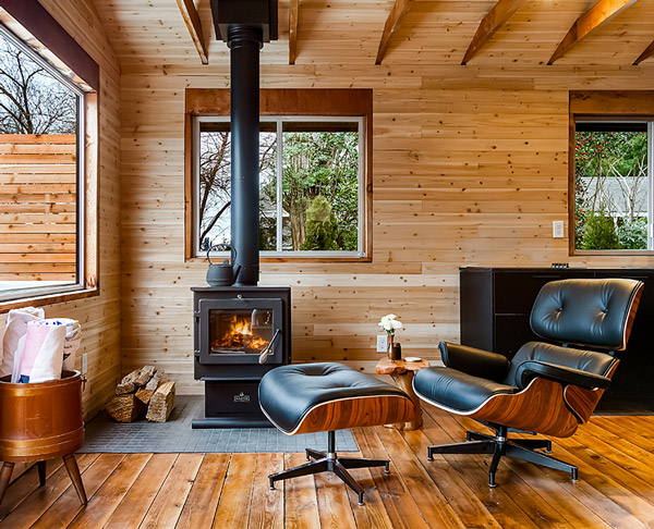 Recently renovated interior with original wood beams at Hood Canal Cabin
